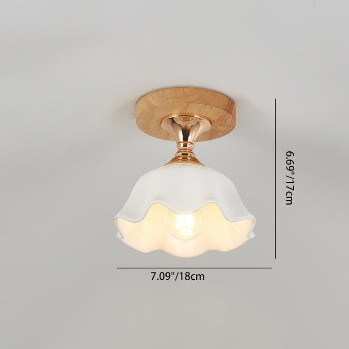 Modern Minimalist Spherical Round Flower-Shaped Wooden Glass 1-Light Semi-Flush Mount Ceiling Lamp For Living Room