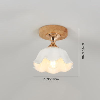 Modern Minimalist Spherical Round Flower-Shaped Wooden Glass 1-Light Semi-Flush Mount Ceiling Lamp For Living Room