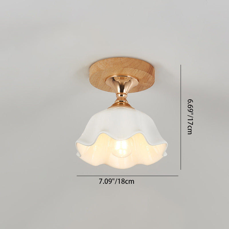 Modern Minimalist Spherical Round Flower-Shaped Wooden Glass 1-Light Semi-Flush Mount Ceiling Lamp For Living Room