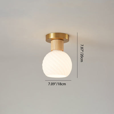 Modern Minimalist Spherical Round Flower-Shaped Wooden Glass 1-Light Semi-Flush Mount Ceiling Lamp For Living Room