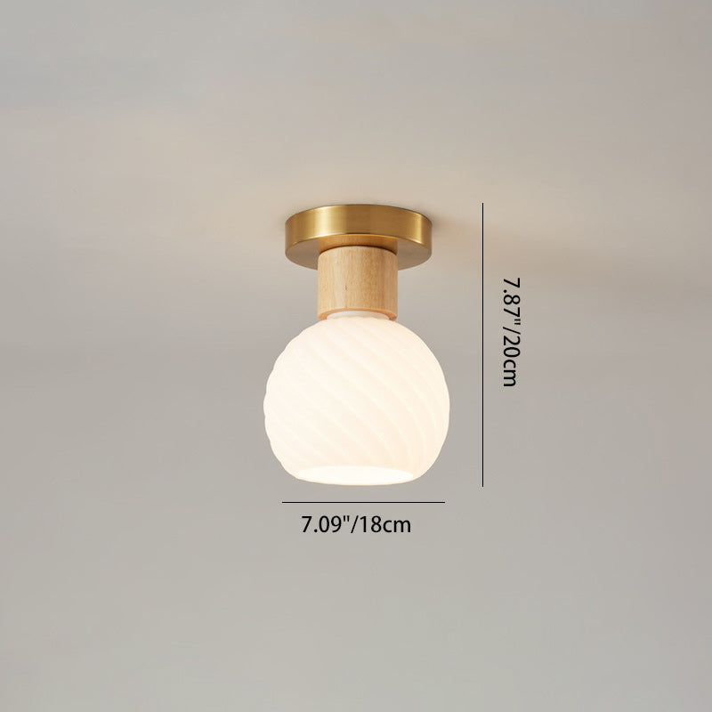 Modern Minimalist Spherical Round Flower-Shaped Wooden Glass 1-Light Semi-Flush Mount Ceiling Lamp For Living Room