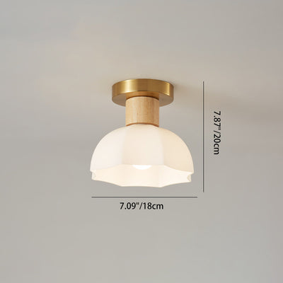 Modern Minimalist Spherical Round Flower-Shaped Wooden Glass 1-Light Semi-Flush Mount Ceiling Lamp For Living Room