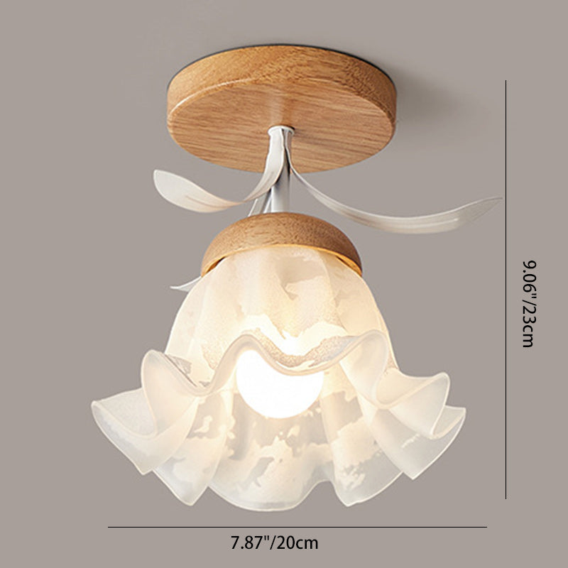 Modern Minimalist Spherical Round Flower-Shaped Wooden Glass 1-Light Semi-Flush Mount Ceiling Lamp For Living Room