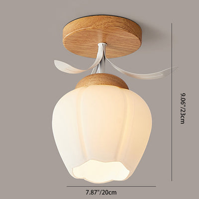 Modern Minimalist Spherical Round Flower-Shaped Wooden Glass 1-Light Semi-Flush Mount Ceiling Lamp For Living Room