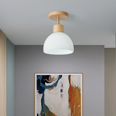 Modern Minimalist Spherical Round Flower-Shaped Wooden Glass 1-Light Semi-Flush Mount Ceiling Lamp For Living Room