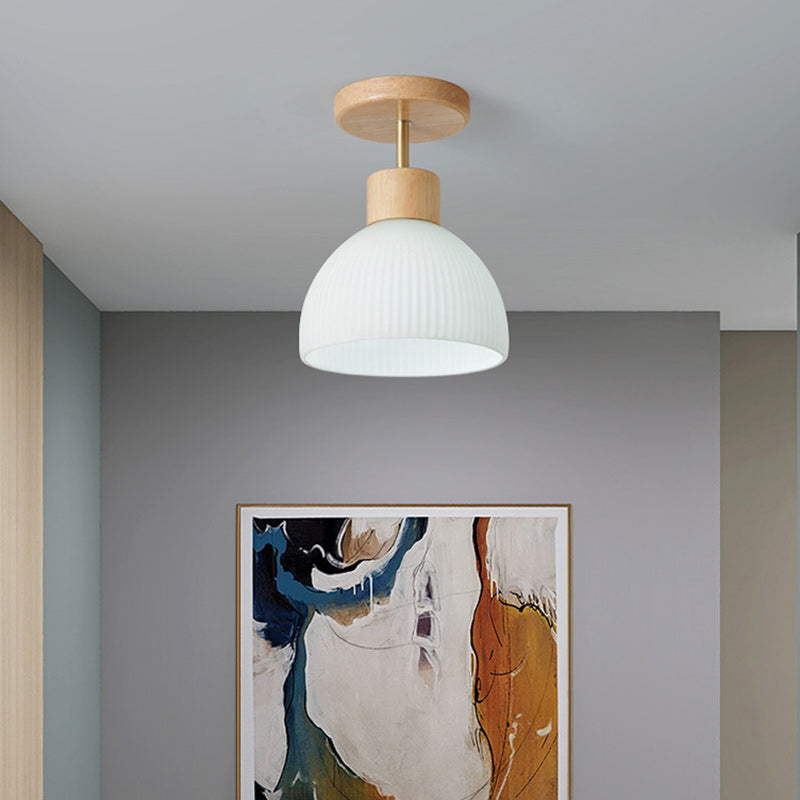 Modern Minimalist Spherical Round Flower-Shaped Wooden Glass 1-Light Semi-Flush Mount Ceiling Lamp For Living Room