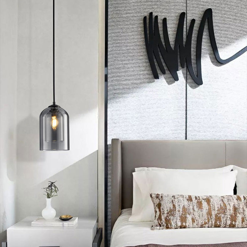 Modern Minimalist Cylindrical Round Iron Glass 1-Light Pendant Light For Bedroom