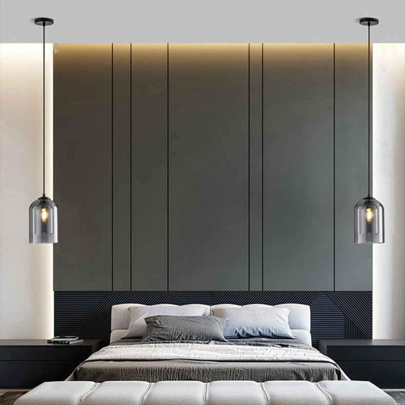 Modern Minimalist Cylindrical Round Iron Glass 1-Light Pendant Light For Bedroom