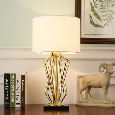Contemporary Luxury Cylindrical Geometric Metal-Woven Base Marble Iron Fabric 1- Light Table Lamp For Bedroom