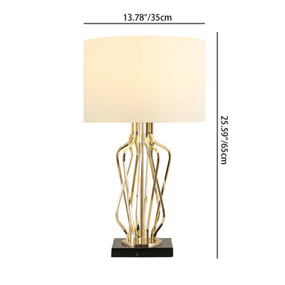 Contemporary Luxury Cylindrical Geometric Metal-Woven Base Marble Iron Fabric 1- Light Table Lamp For Bedroom