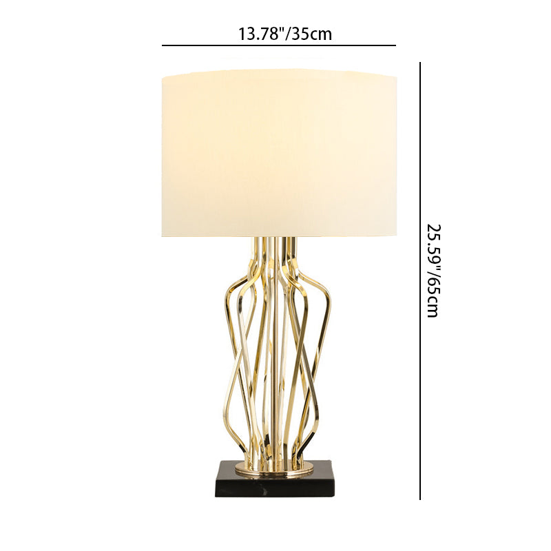 Contemporary Luxury Cylindrical Geometric Metal-Woven Base Marble Iron Fabric 1- Light Table Lamp For Bedroom