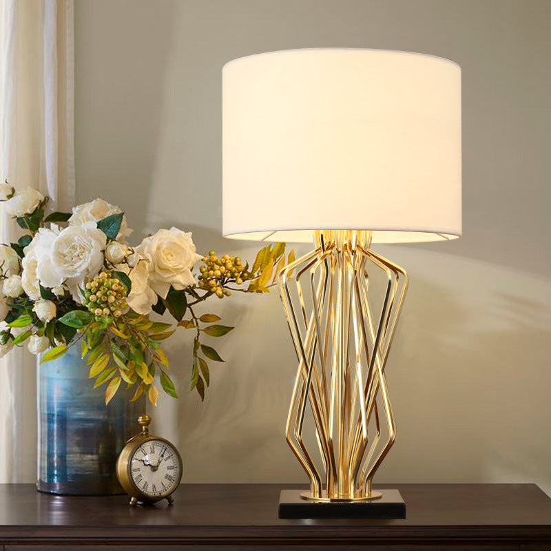 Contemporary Luxury Cylindrical Geometric Metal-Woven Base Marble Iron Fabric 1- Light Table Lamp For Bedroom