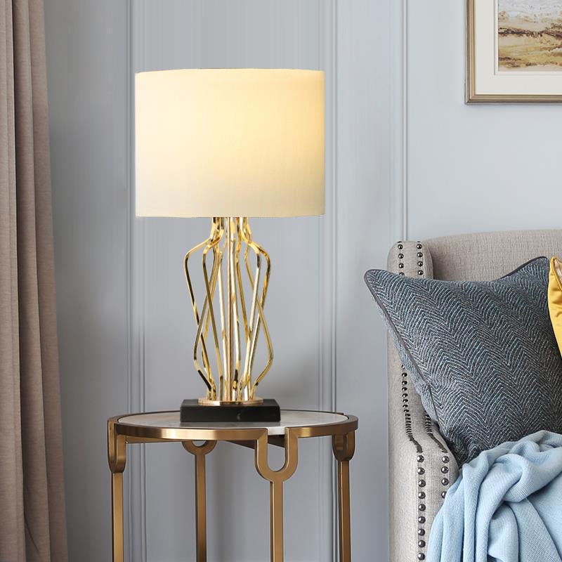 Contemporary Luxury Cylindrical Geometric Metal-Woven Base Marble Iron Fabric 1- Light Table Lamp For Bedroom