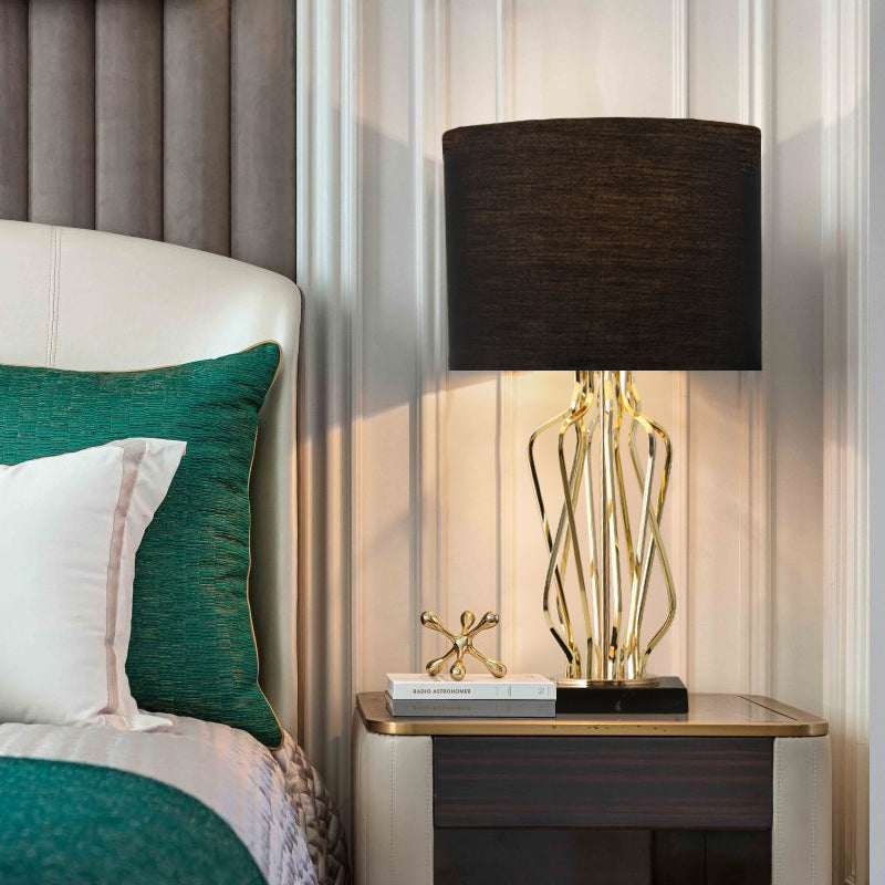 Contemporary Luxury Cylindrical Geometric Metal-Woven Base Marble Iron Fabric 1- Light Table Lamp For Bedroom