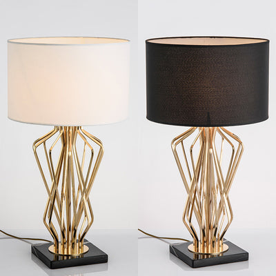 Contemporary Luxury Cylindrical Geometric Metal-Woven Base Marble Iron Fabric 1- Light Table Lamp For Bedroom