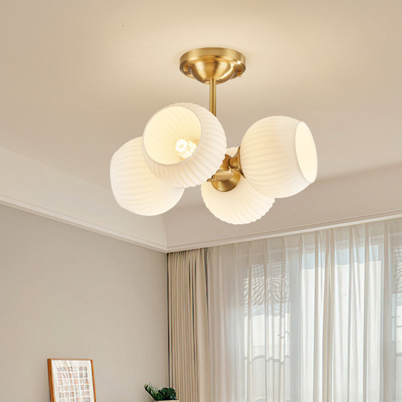 Modern Minimalist Round Spherical Copper Glass 4/6 Light Semi-Flush Mount Ceiling Light For Living Room