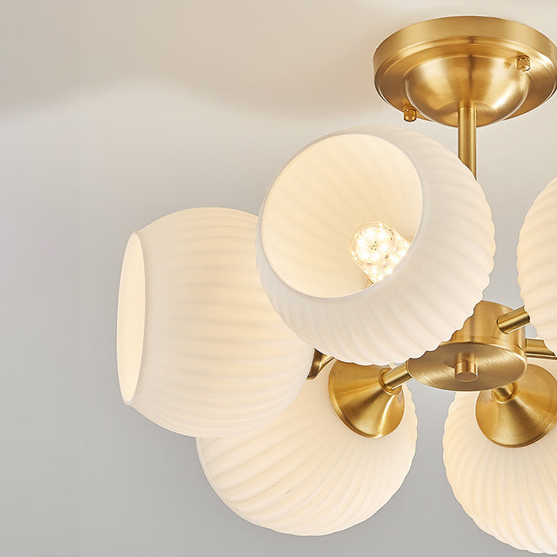 Modern Minimalist Round Spherical Copper Glass 4/6 Light Semi-Flush Mount Ceiling Light For Living Room
