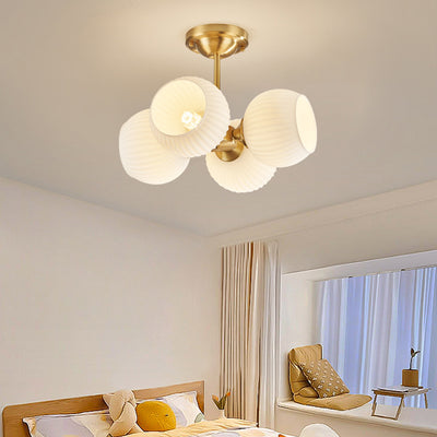 Modern Minimalist Round Spherical Copper Glass 4/6 Light Semi-Flush Mount Ceiling Light For Living Room