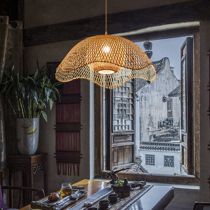 Traditional Rustic Spherical Round Lotus-Shaped Bamboo 1-Light Pendant Light For Living Room