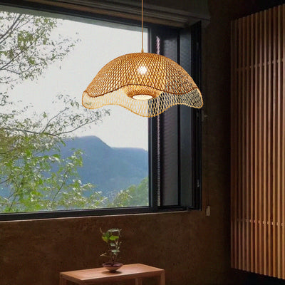 Traditional Rustic Spherical Round Lotus-Shaped Bamboo 1-Light Pendant Light For Living Room
