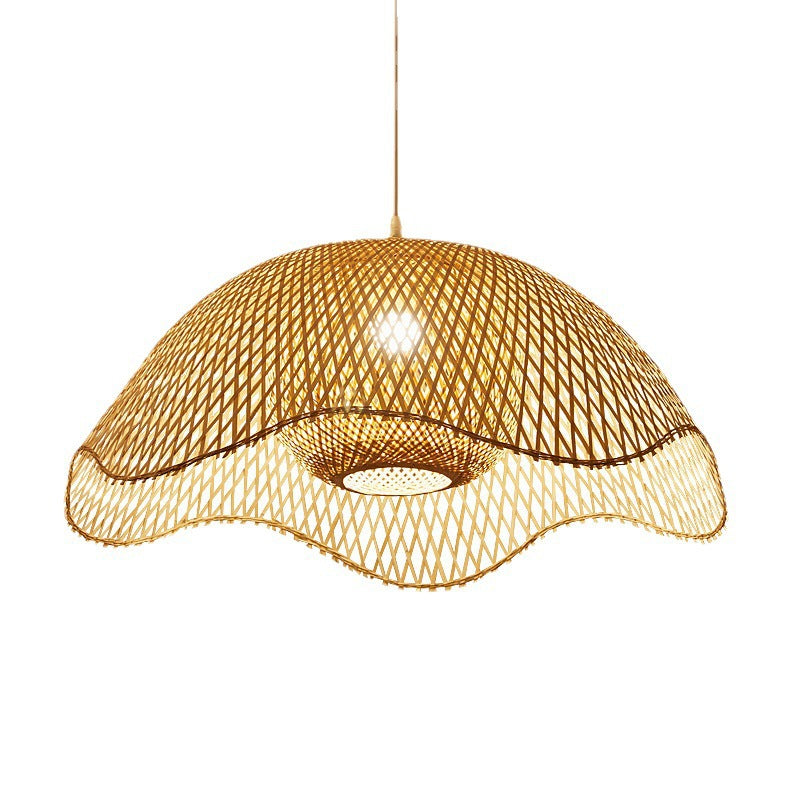 Traditional Rustic Spherical Round Lotus-Shaped Bamboo 1-Light Pendant Light For Living Room