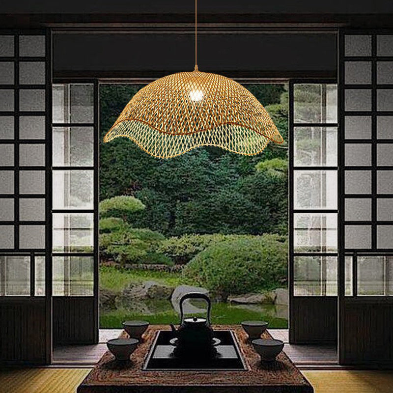 Traditional Rustic Spherical Round Lotus-Shaped Bamboo 1-Light Pendant Light For Living Room