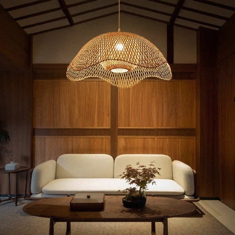 Traditional Rustic Spherical Round Lotus-Shaped Bamboo 1-Light Pendant Light For Living Room