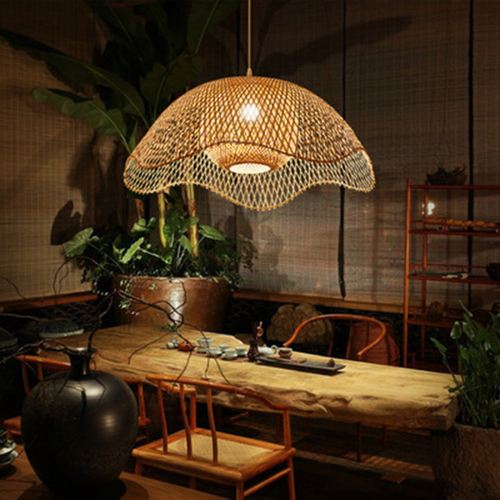 Traditional Rustic Spherical Round Lotus-Shaped Bamboo 1-Light Pendant Light For Living Room