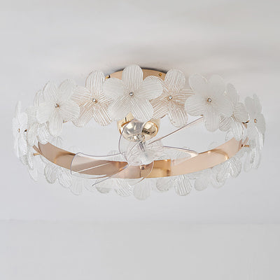 Contemporary Luxury Round Cylindrical Flower-Shaped Glass Copper ABS LED Downrods Ceiling Fan Light For Bedroom