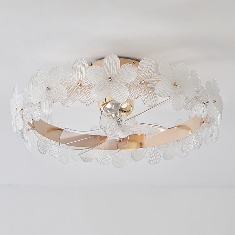 Contemporary Luxury Round Cylindrical Flower-Shaped Glass Copper ABS LED Downrods Ceiling Fan Light For Bedroom