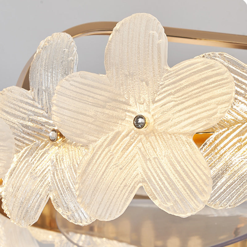 Contemporary Luxury Round Cylindrical Flower-Shaped Glass Copper ABS LED Downrods Ceiling Fan Light For Bedroom