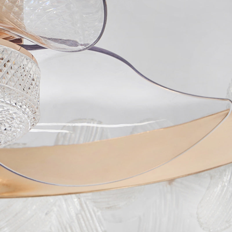 Contemporary Luxury Round Cylindrical Flower-Shaped Glass Copper ABS LED Downrods Ceiling Fan Light For Bedroom