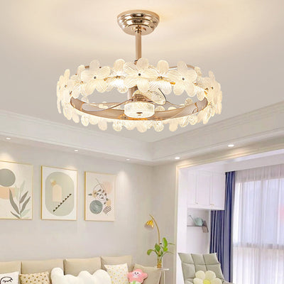 Contemporary Luxury Round Cylindrical Flower-Shaped Glass Copper ABS LED Downrods Ceiling Fan Light For Bedroom