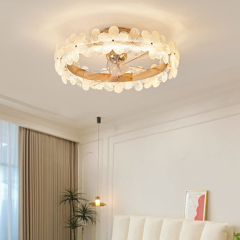 Contemporary Luxury Round Cylindrical Flower-Shaped Glass Copper ABS LED Downrods Ceiling Fan Light For Bedroom