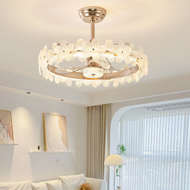Contemporary Luxury Round Cylindrical Flower-Shaped Glass Copper ABS LED Downrods Ceiling Fan Light For Bedroom