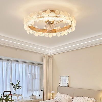 Contemporary Luxury Round Cylindrical Flower-Shaped Glass Copper ABS LED Downrods Ceiling Fan Light For Bedroom