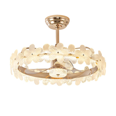 Contemporary Luxury Round Cylindrical Flower-Shaped Glass Copper ABS LED Downrods Ceiling Fan Light For Bedroom