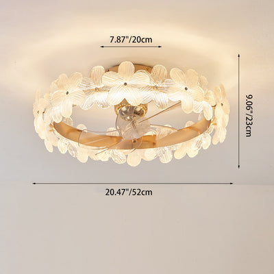 Contemporary Luxury Round Cylindrical Flower-Shaped Glass Copper ABS LED Downrods Ceiling Fan Light For Bedroom