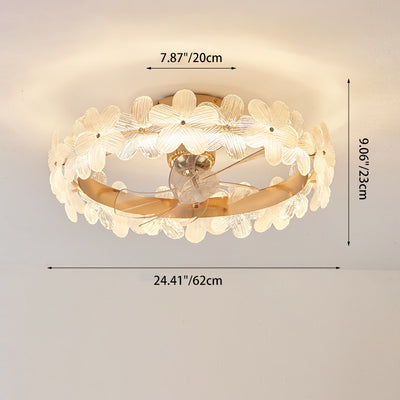 Contemporary Luxury Round Cylindrical Flower-Shaped Glass Copper ABS LED Downrods Ceiling Fan Light For Bedroom