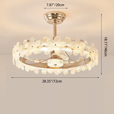 Contemporary Luxury Round Cylindrical Flower-Shaped Glass Copper ABS LED Downrods Ceiling Fan Light For Bedroom