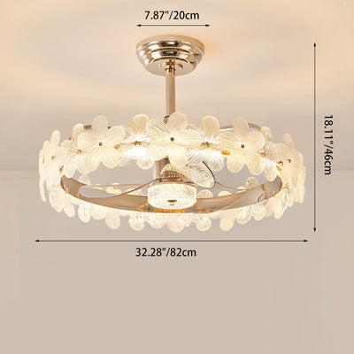 Contemporary Luxury Round Cylindrical Flower-Shaped Glass Copper ABS LED Downrods Ceiling Fan Light For Bedroom