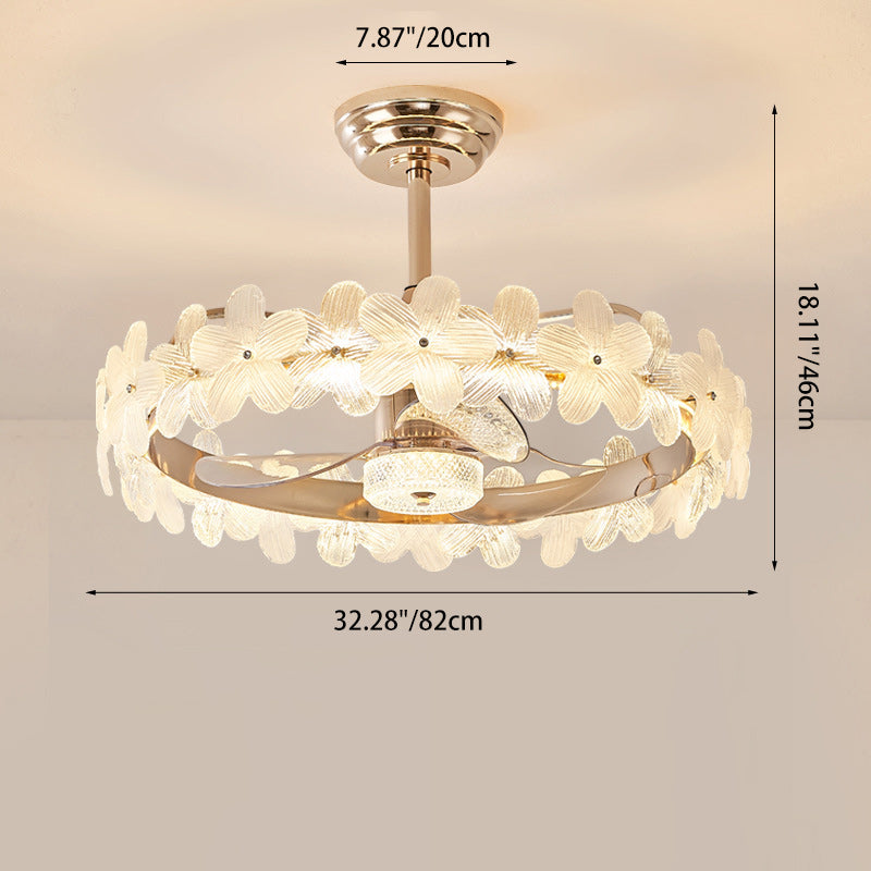 Contemporary Luxury Round Cylindrical Flower-Shaped Glass Copper ABS LED Downrods Ceiling Fan Light For Bedroom