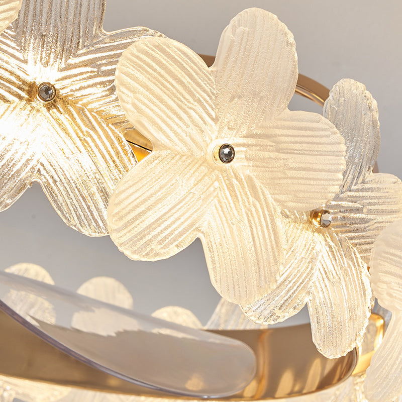 Contemporary Luxury Round Cylindrical Flower-Shaped Glass Copper ABS LED Downrods Ceiling Fan Light For Bedroom