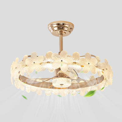 Contemporary Luxury Round Cylindrical Flower-Shaped Glass Copper ABS LED Downrods Ceiling Fan Light For Bedroom