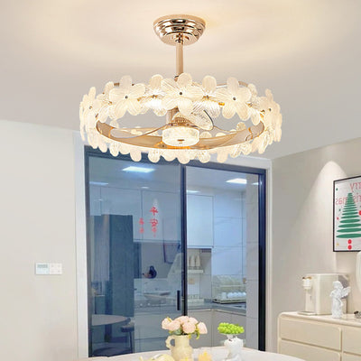 Contemporary Luxury Round Cylindrical Flower-Shaped Glass Copper ABS LED Downrods Ceiling Fan Light For Bedroom