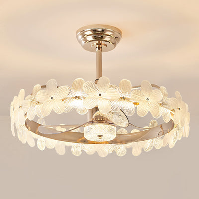 Contemporary Luxury Round Cylindrical Flower-Shaped Glass Copper ABS LED Downrods Ceiling Fan Light For Bedroom