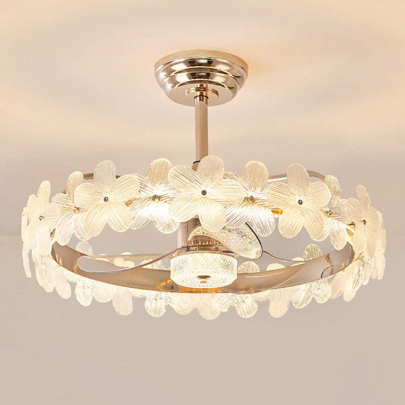Contemporary Luxury Round Cylindrical Flower-Shaped Glass Copper ABS LED Downrods Ceiling Fan Light For Bedroom