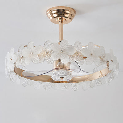 Contemporary Luxury Round Cylindrical Flower-Shaped Glass Copper ABS LED Downrods Ceiling Fan Light For Bedroom