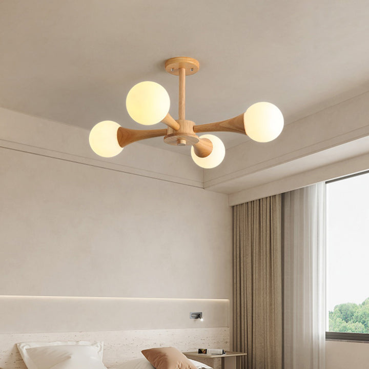 Zeitgenössische skandinavische strahlende kreisförmige sphärische Holz-Glas 3/4/5 Licht Halbeinbau-Deckenleuchte für Wohnzimmer 