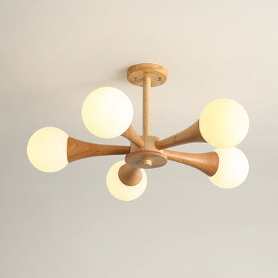 Contemporary Scandinavian Radiating Circular Spherical Wooden Glass 3/4/5 Light Semi-Flush Mount Ceiling Light For Living Room